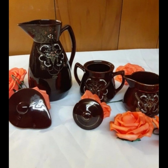1950s Japan Redware Moriage 3 Piece - Picture 3 of 7